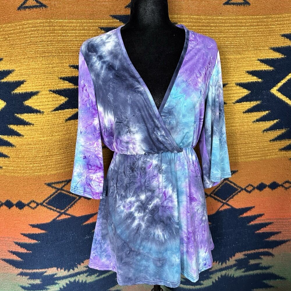Y2K Jordan Taylor Hand Dyed Mini Dress. Deep V Neck. Small. Festival. Hippie.